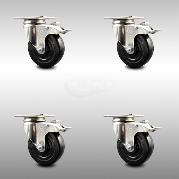 4 Inch 316SS Soft Rubber Swivel Top Plate Caster Set Total Lock Brake SCC